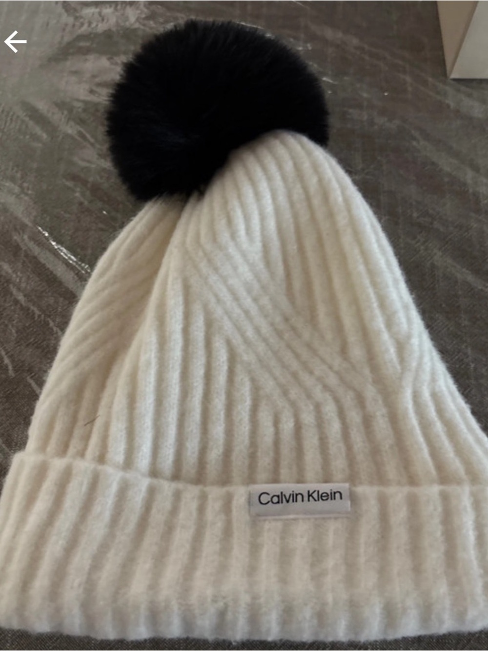Calvin Klein Cream Knit UNISEX Beanie with Black Pom Mew